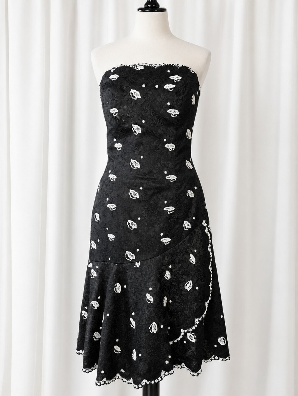 Helen Morley Vintage Black Floral Sequin Beaded Lace Strapless Cocktail Dress